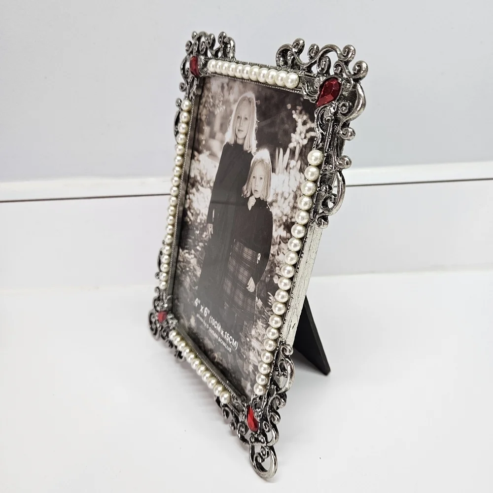 Ornate Silver Tone Red Rhinestone Faux Pearl Embellished 4